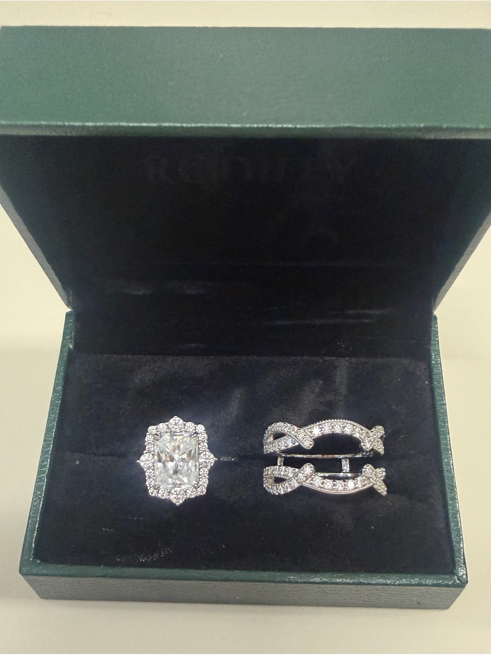 Moissanite and White Gold Halo and Pave Enhancer Band Ring Set